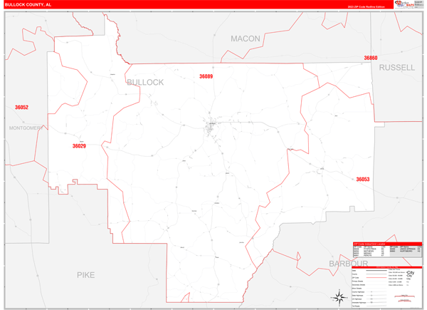 Bullock County, AL Wall Map Red Line Style