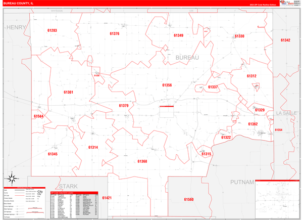 Bureau County Wall Map Red Line Style