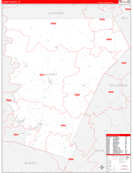 Burnet County Wall Map Red Line Style
