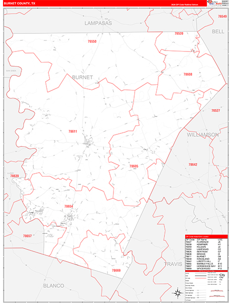 Burnet County, TX Zip Code Map