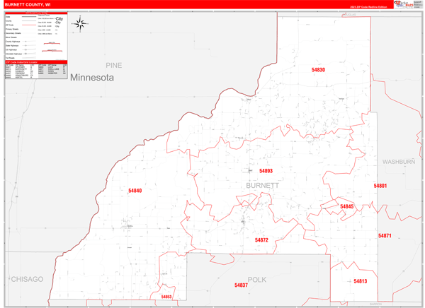 Burnett County, WI Wall Map Red Line Style