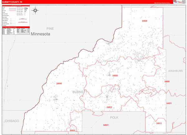 Burnett County, WI Zip Code Wall Map