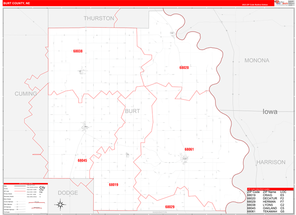 Burt County, NE Wall Map Red Line Style