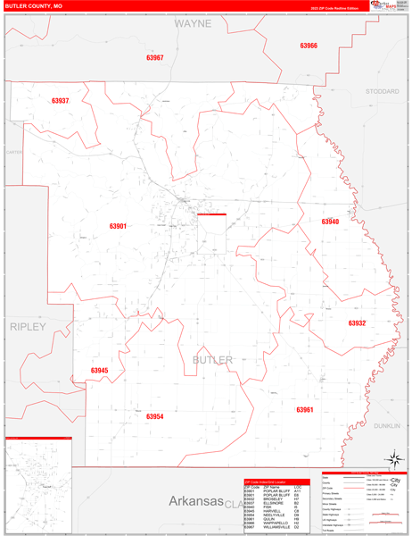 Butler County, MO Wall Map Red Line Style