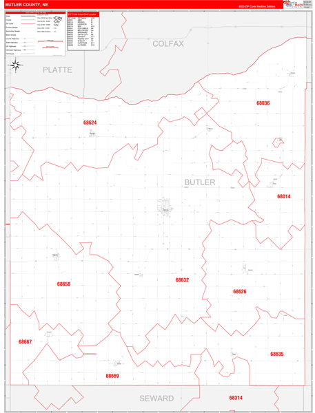 Butler County NE Zip Code Wall Map Red Line Style by MarketMAPS MapSales