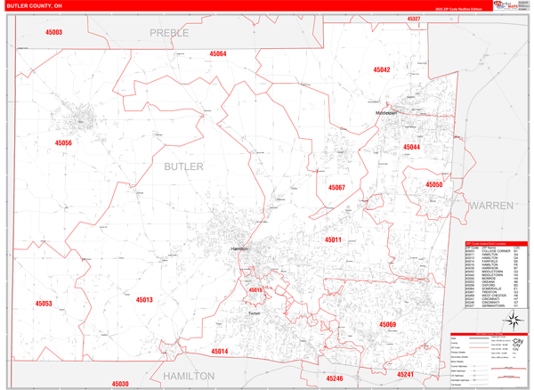 Butler County Wall Map Red Line Style