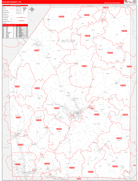 Butler County PA Zip Code Wall Map Red Line Style by MarketMAPS MapSales