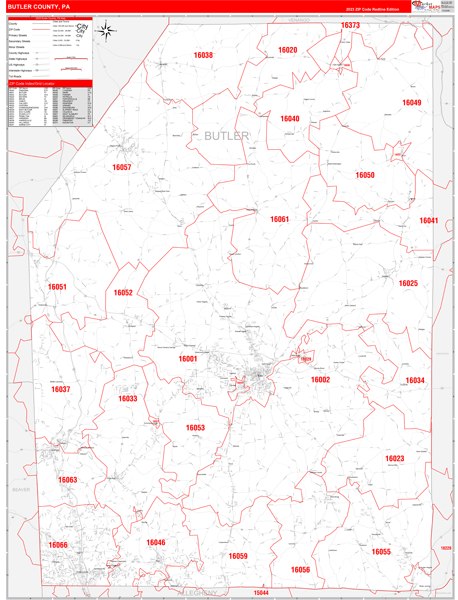 Butler County, PA Wall Map Red Line Style