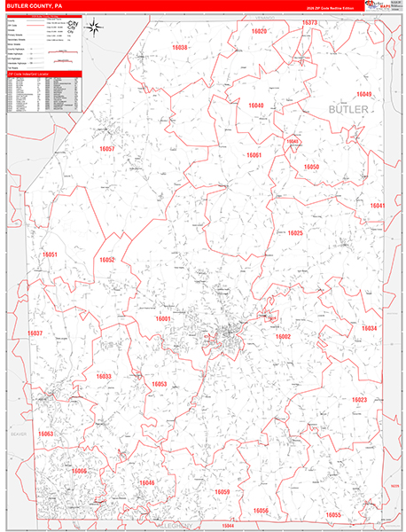 Butler County, PA Wall Map Red Line Style