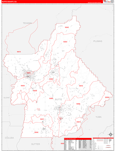Butte County, CA Map Red Line Style