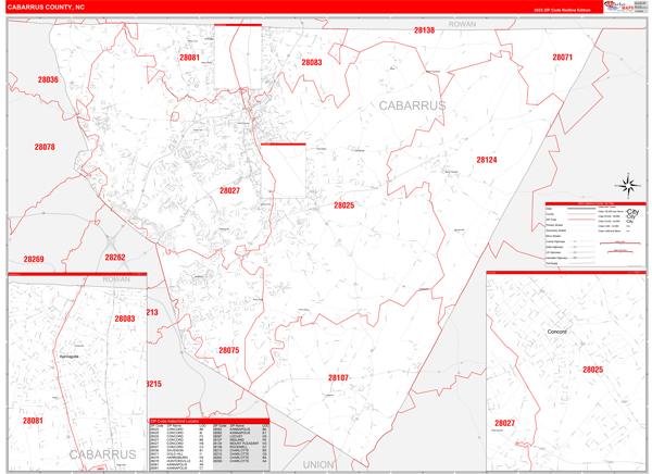 Cabarrus County, NC Zip Code Wall Map