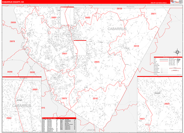 Cabarrus County, NC Wall Map Red Line Style