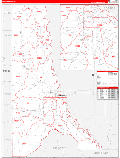 Caddo Parish (County), LA Wall Map Red Line Style
