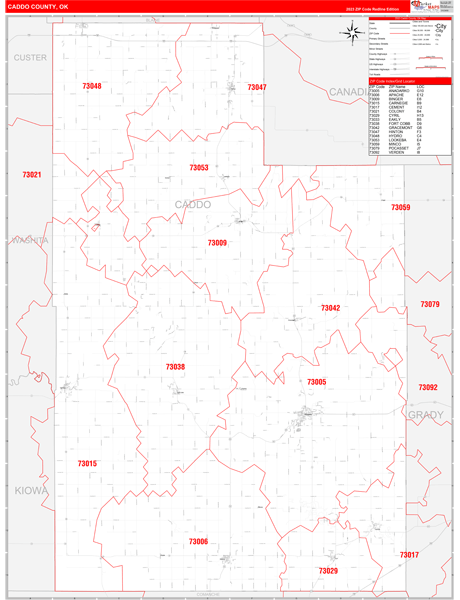 Caddo County, OK Wall Map Red Line Style