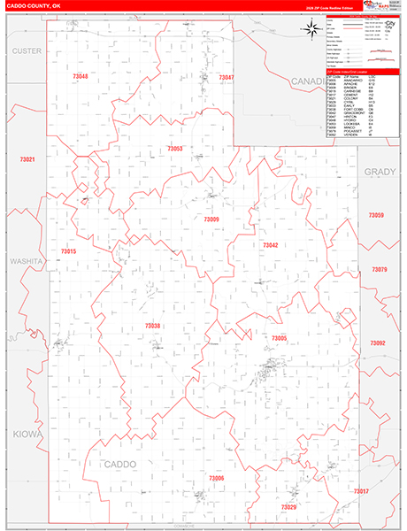 Caddo County, OK Zip Code Wall Map
