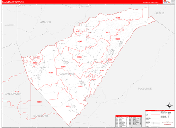 Calaveras County, CA Map Red Line Style
