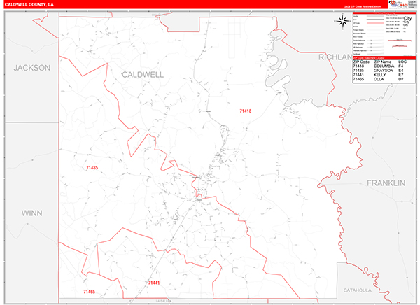 Caldwell Parish (County), LA Wall Map Red Line Style