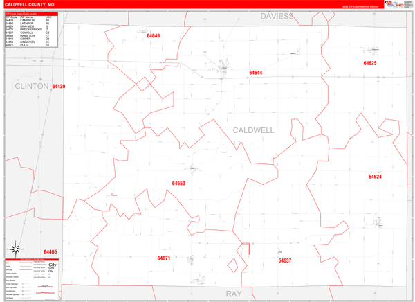 Caldwell County, MO Zip Code Wall Map