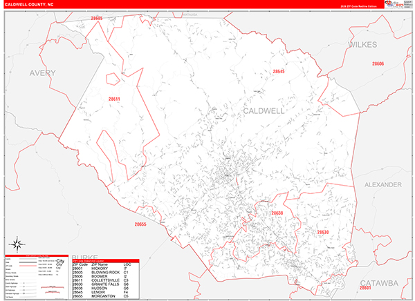 Caldwell County, NC Zip Code Wall Map