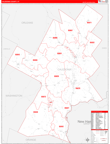 Caledonia County, VT Zip Code Wall Map Red Line Style by MarketMAPS ...