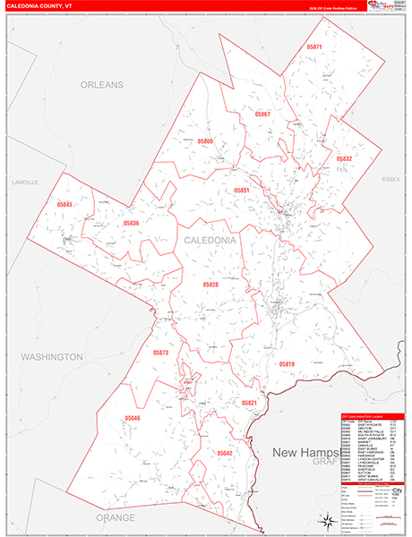 Caledonia County, VT Zip Code Wall Map