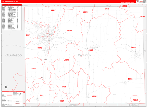 Calhoun County, MI Wall Map Red Line Style