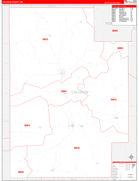Calhoun County, MS Zip Code Wall Map