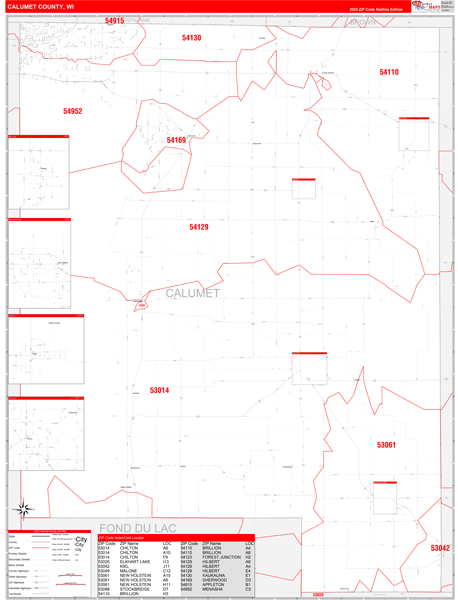 Calumet County, WI Wall Map Red Line Style
