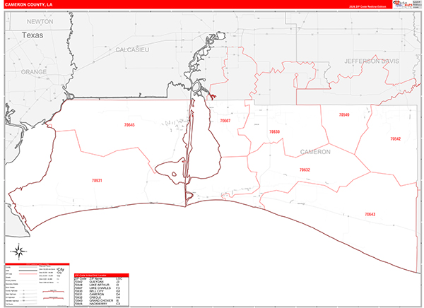 Cameron Parish (County), LA Wall Map Red Line Style