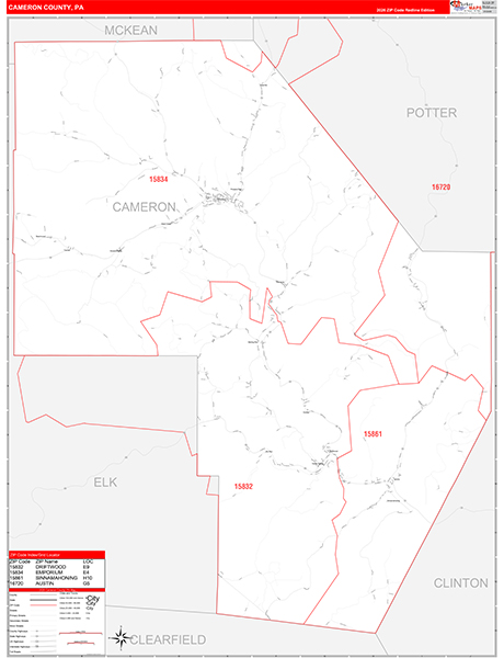 Cameron County, PA Wall Map Red Line Style