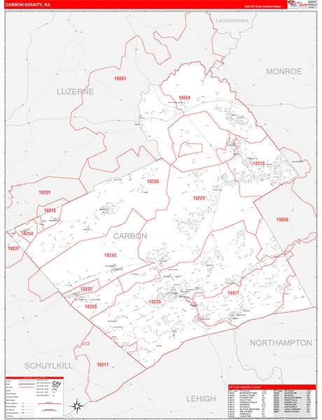 Carbon County, PA Wall Map Red Line Style
