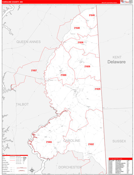 Caroline County, MD Zip Code Wall Map