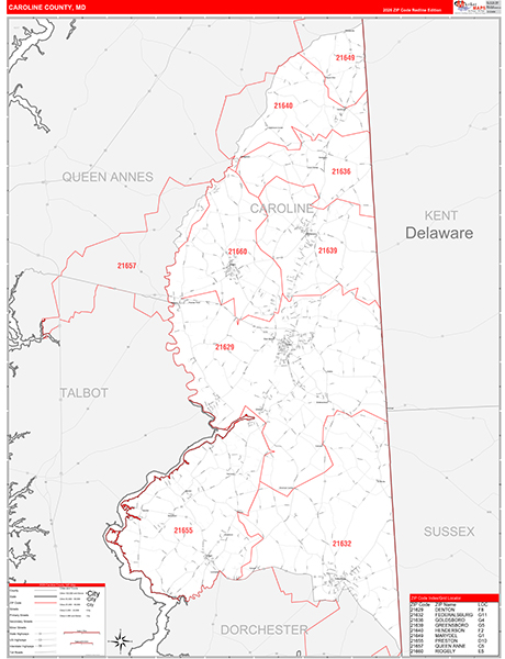 Caroline County, MD Zip Code Wall Map