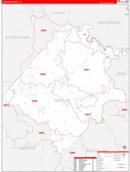 Caroline County, VA Zip Code Wall Map Red Line Style by MarketMAPS