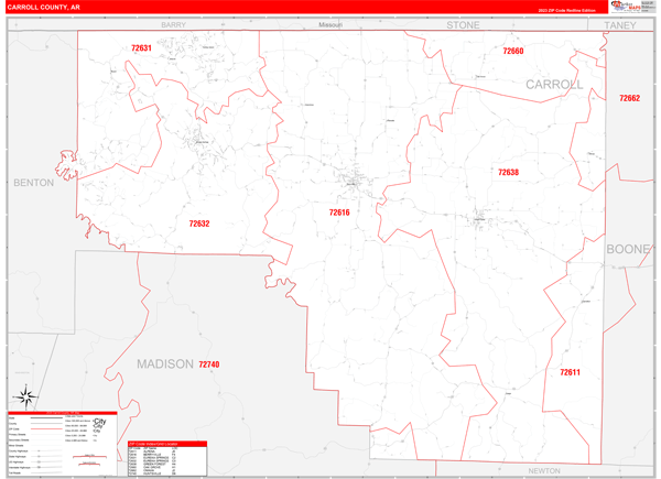 Carroll County, AR Zip Code Wall Map Red Line Style by MarketMAPS