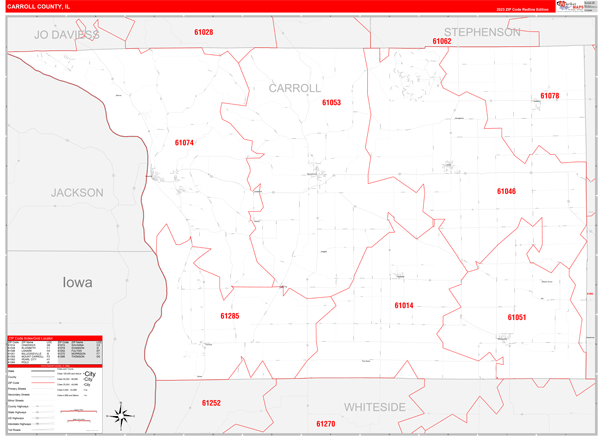 Carroll County, IL Wall Map Red Line Style