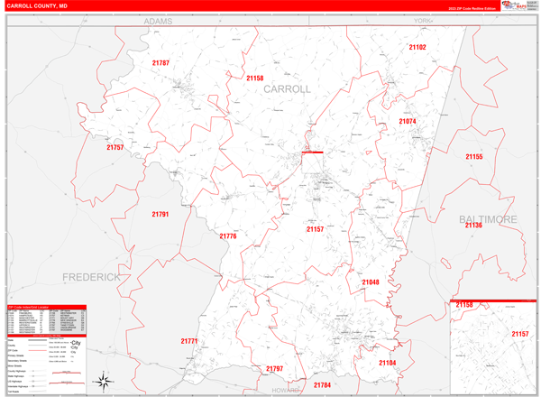 westminster md zip code map Carroll County Md Zip Code Wall Map Red Line Style By Marketmaps westminster md zip code map
