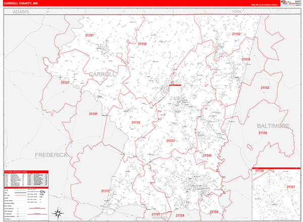 Carroll County Wall Map Red Line Style