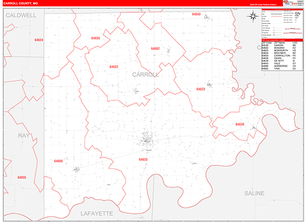Carroll County, MO Map Red Line Style