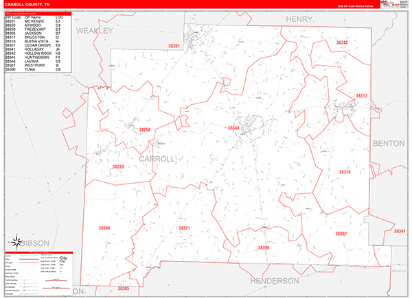 Carroll County, TN Zip Code Map