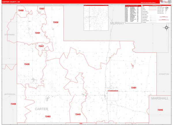Carter County, OK Wall Map Red Line Style