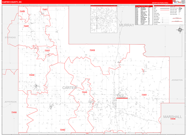 Carter County, OK Zip Code Wall Map