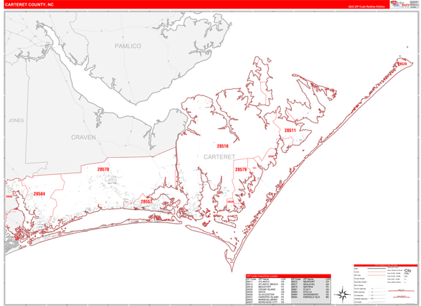 Carteret County, NC Wall Map Red Line Style
