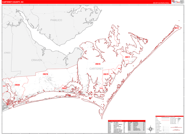 Carteret County NC Zip Code Map Red Line
