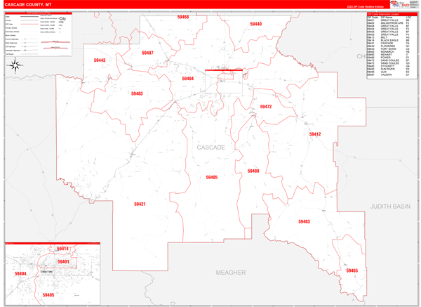 Cascade County Wall Map Red Line Style