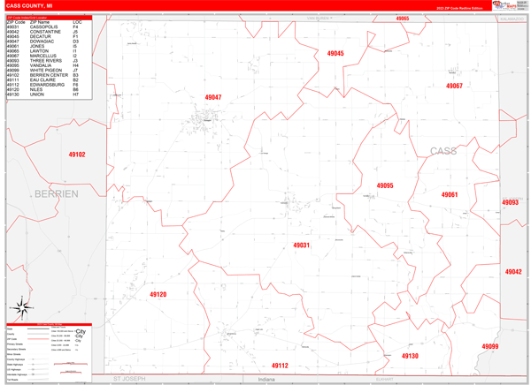 Cass County, MI Zip Code Wall Map
