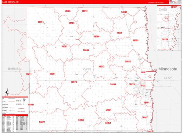 Cass County, ND Zip Code Wall Map