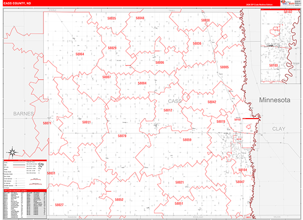 Cass County, ND Wall Map Red Line Style