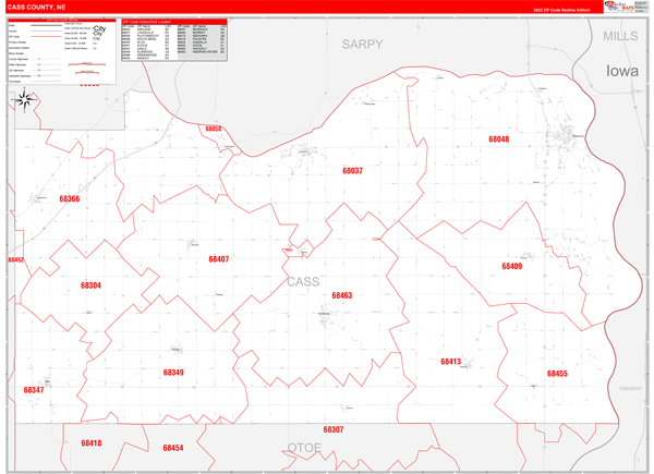 Cass County, NE Wall Map Red Line Style