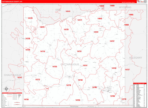Cattaraugus County, NY Zip Code Wall Map Red Line Style by MarketMAPS ...
